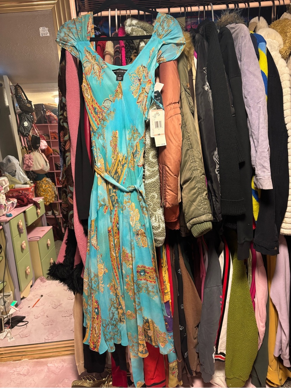 Boho Floral Tie-Waist Maxi Dress - Turquoise 100% silk